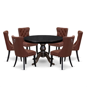Pemberly Row 7-Piece Round Dining Set in Black with Burgundy Chairs