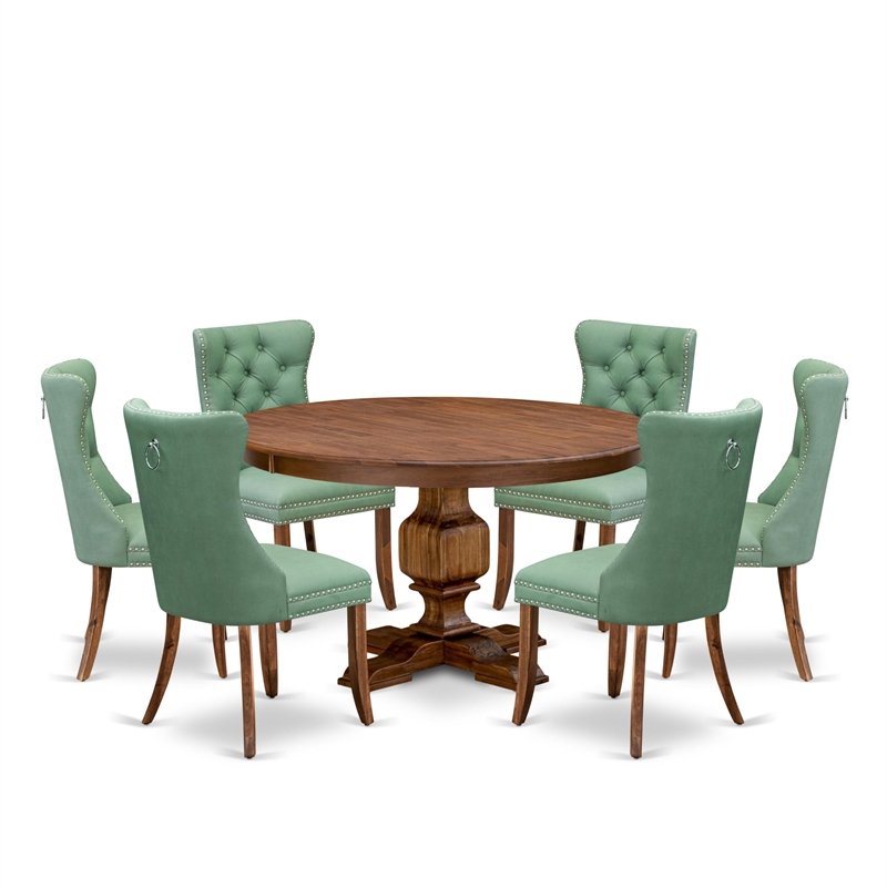 Pemberly Row 7-Piece Elegant Dining Set in Walnut Finish with Green Chairs
