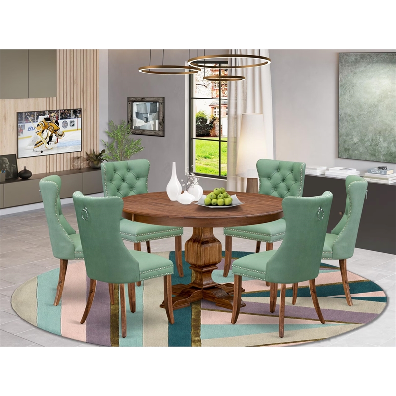 Pemberly Row 7-Piece Elegant Dining Set in Walnut Finish with Green Chairs
