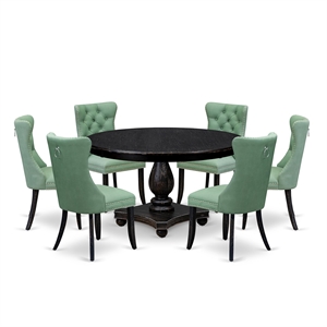Pemberly Row 7-Piece Round Dining Set in Black Finish with Green Chairs
