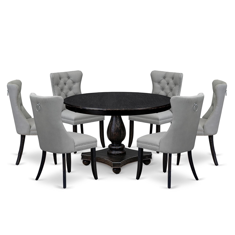Pemberly Row 7-Piece Round Pedestal Dining Set in Black Wood Finish