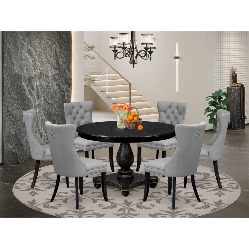 Pemberly Row 7-Piece Round Pedestal Dining Set in Black Wood Finish