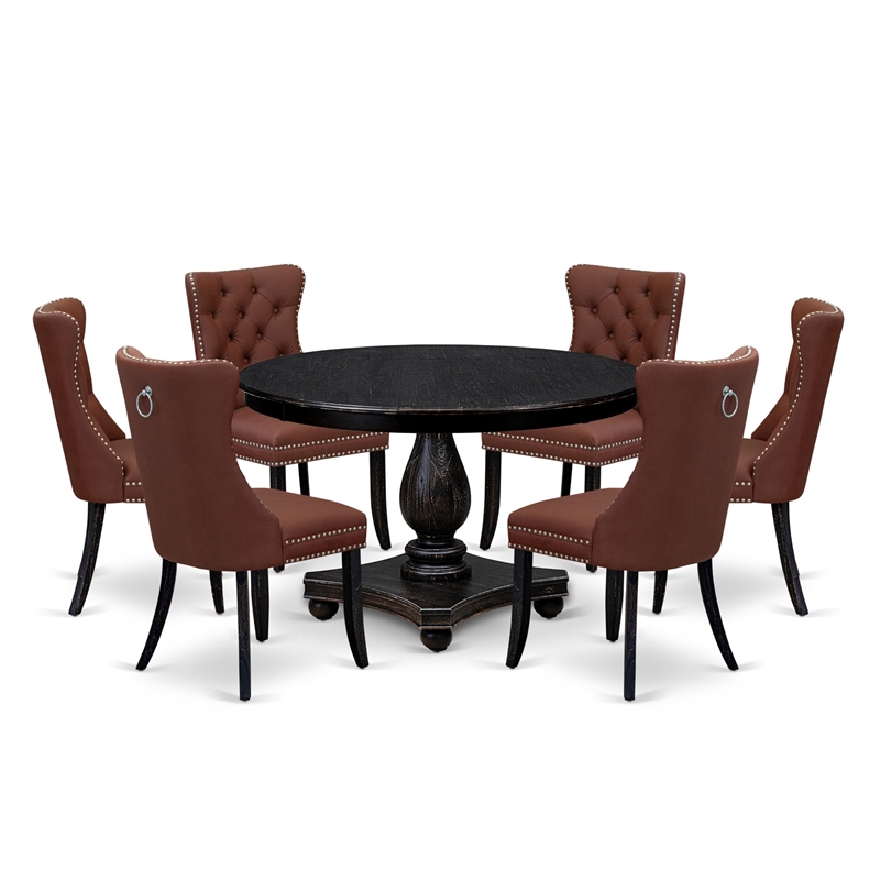 Pemberly Row 7-Piece Round Pedestal Dining Set in Black Wood Finish
