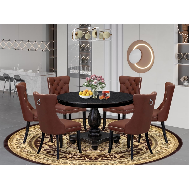 Pemberly Row 7-Piece Round Pedestal Dining Set in Black Wood Finish