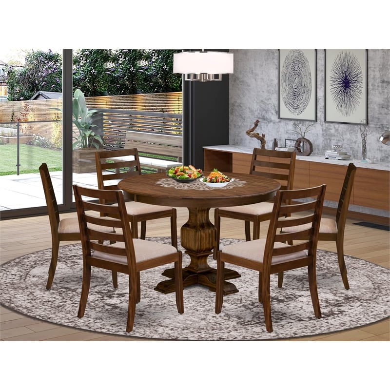 Pemberly Row 7-Piece Dining Set with Wooden Chairs and Linen Upholstery