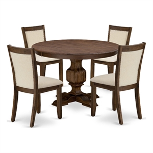 Pemberly Row 5PC Dining Set with Walnut Round Table and Beige Fabric Chairs