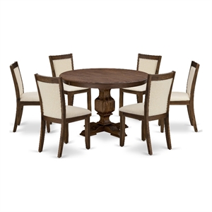 Pemberly Row 7PC Dining Set with Round Walnut Table and Beige Chairs