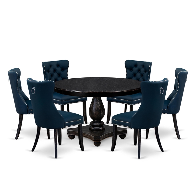 Pemberly Row 7-Piece Round Pedestal Dining Set in Black Wood Finish