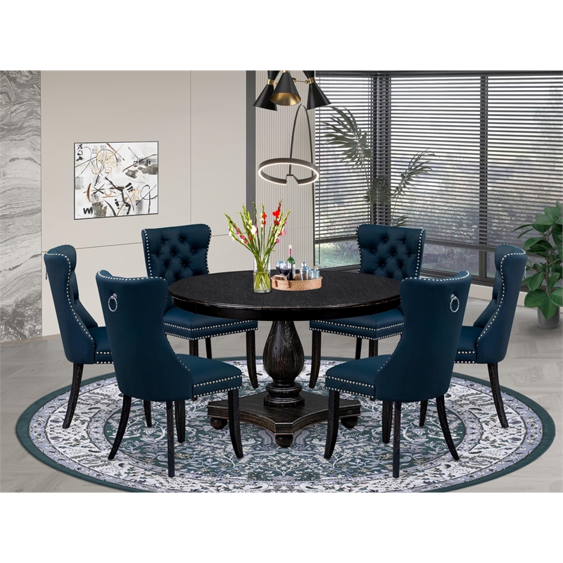 Pemberly Row 7-Piece Round Pedestal Dining Set in Black Wood Finish