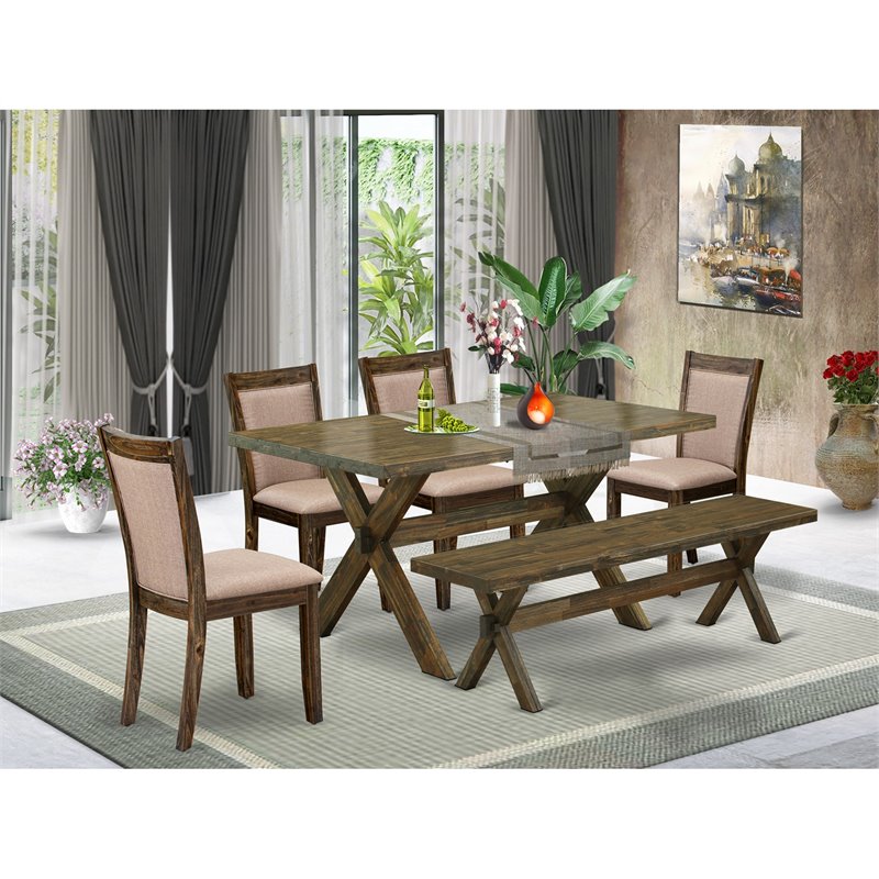 Pemberly Row 6-Piece Wood Dining Set with Bench in Jacobean/Dark Khaki Gray