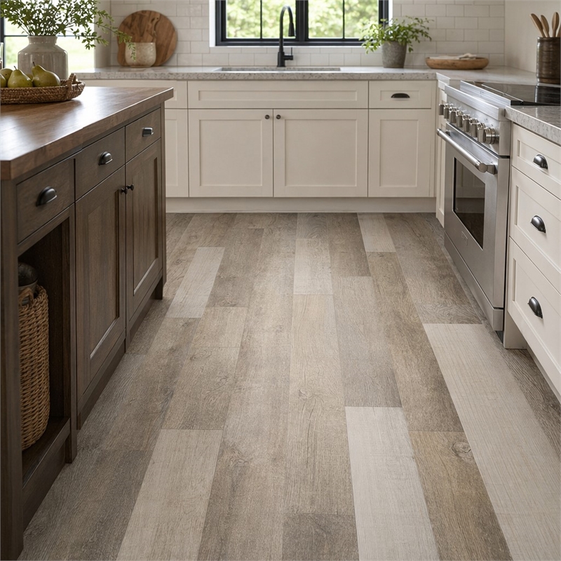 Pemberly Row SPC Vinyl Flooring in Modern Surrey Beige with EVA Backing