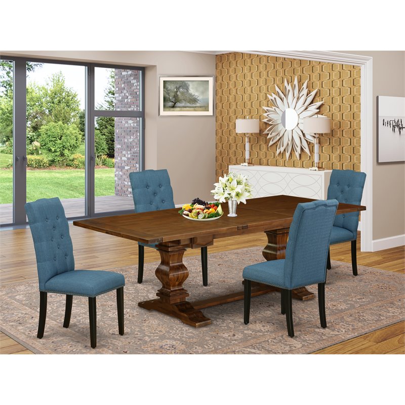 Pemberly Row 5-Piece Wood Dining Set with Walnut and Mineral Blue Finish
