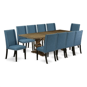 Pemberly Row 11-Piece Dining Set with Mineral Blue Chairs in Distressed Jacobean
