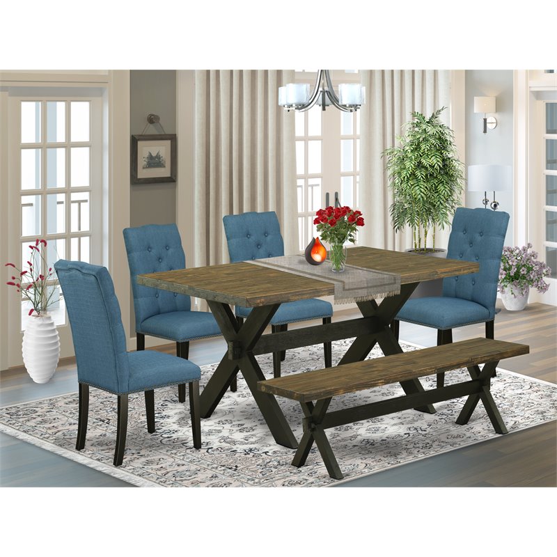 Pemberly Row 6-Piece Wood Dining Set in Wire Brushed Black/Blue Finish
