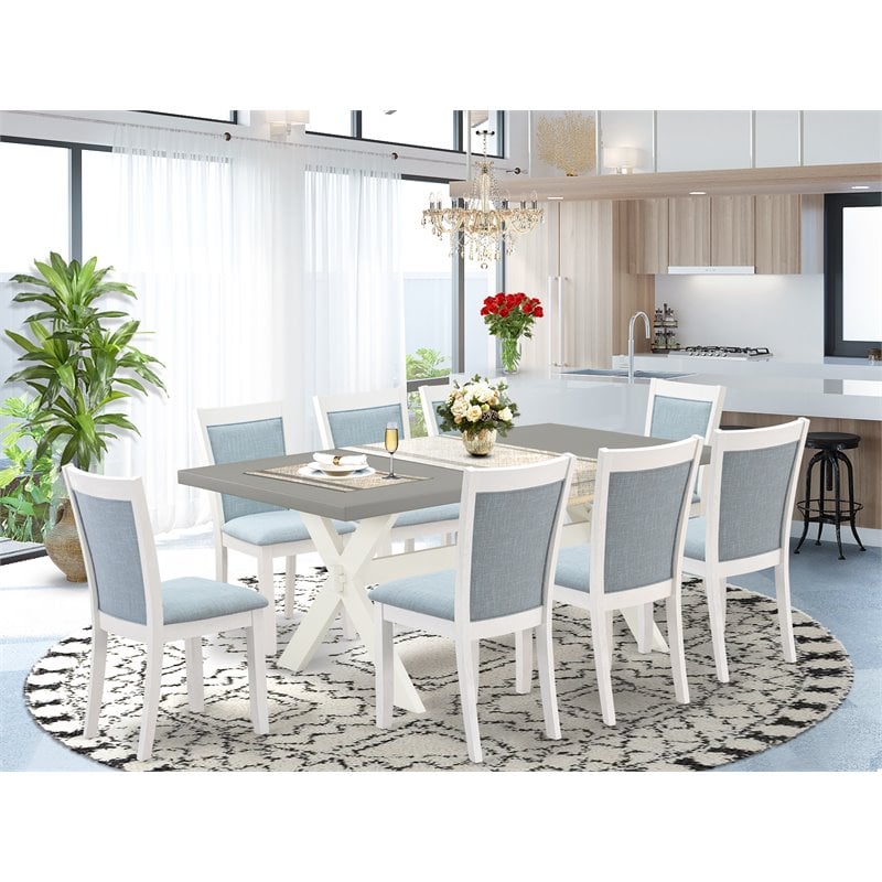 Pemberly Row 9-Piece Wood Dining Set with Linen Fabric Seats in Cement Finish