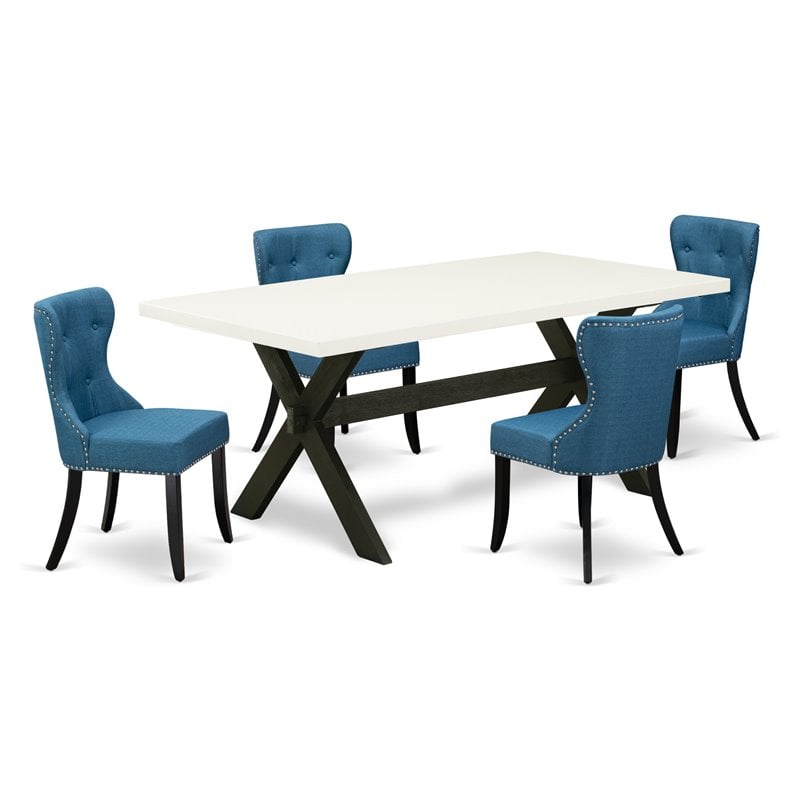 Pemberly Row 5-Piece Wood Dinette Set with Blue Linen Fabric Chairs