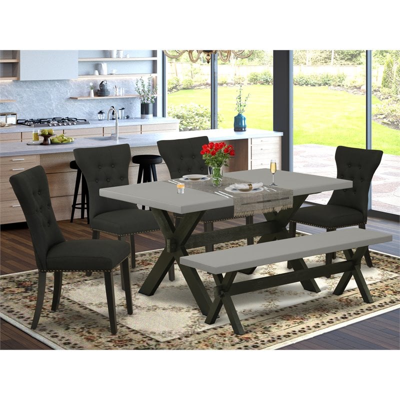 Pemberly Row 6-Piece Wood Dining Set with Bench in Black & Cement Finish