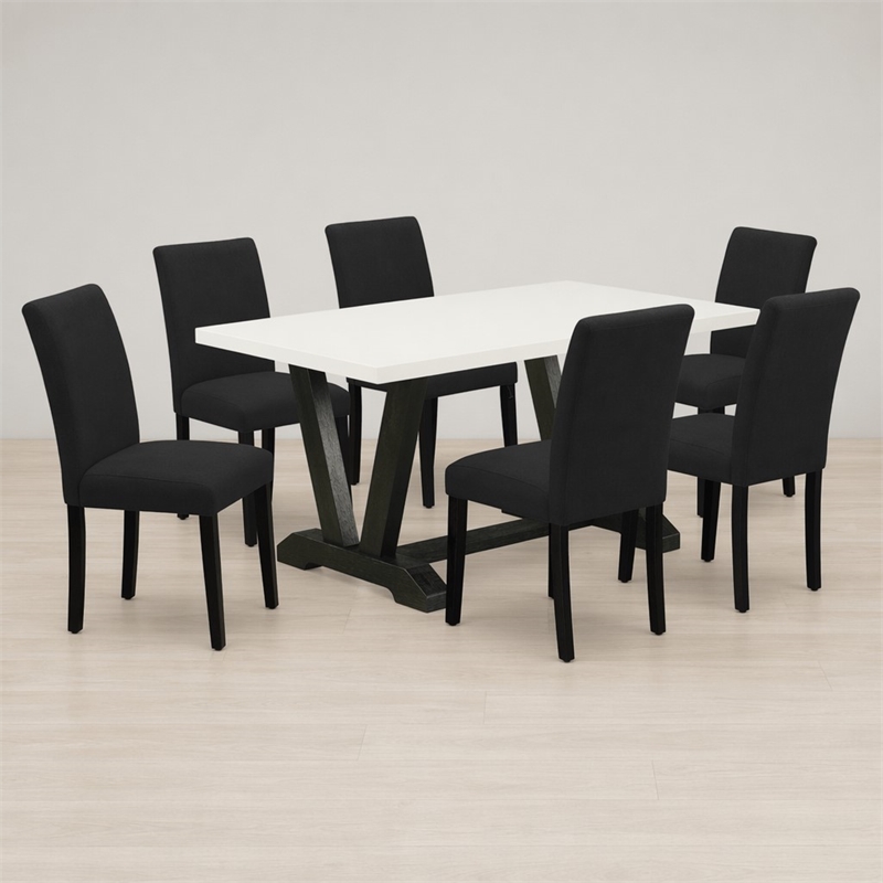 Pemberly Row 7-Piece Wood Dining Set in Linen White and Black Finishes