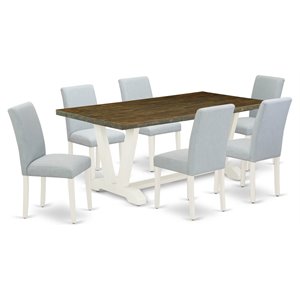 Pemberly Row 7-Piece Wood Dining Set in White with Blue Upholstered Chairs