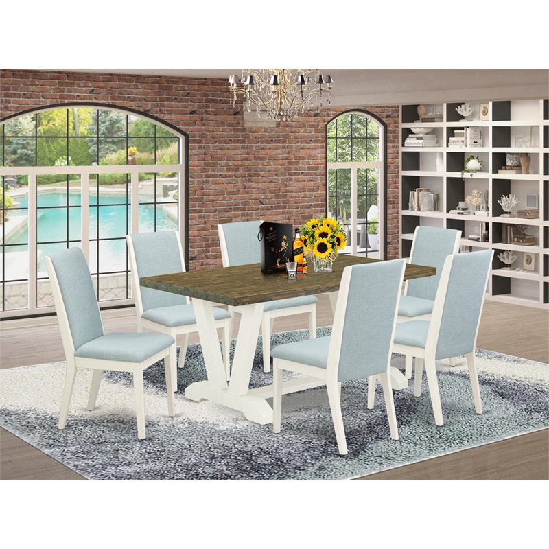 Pemberly Row 7-Piece Acacia Wood Dining Set with Baby Blue Seats