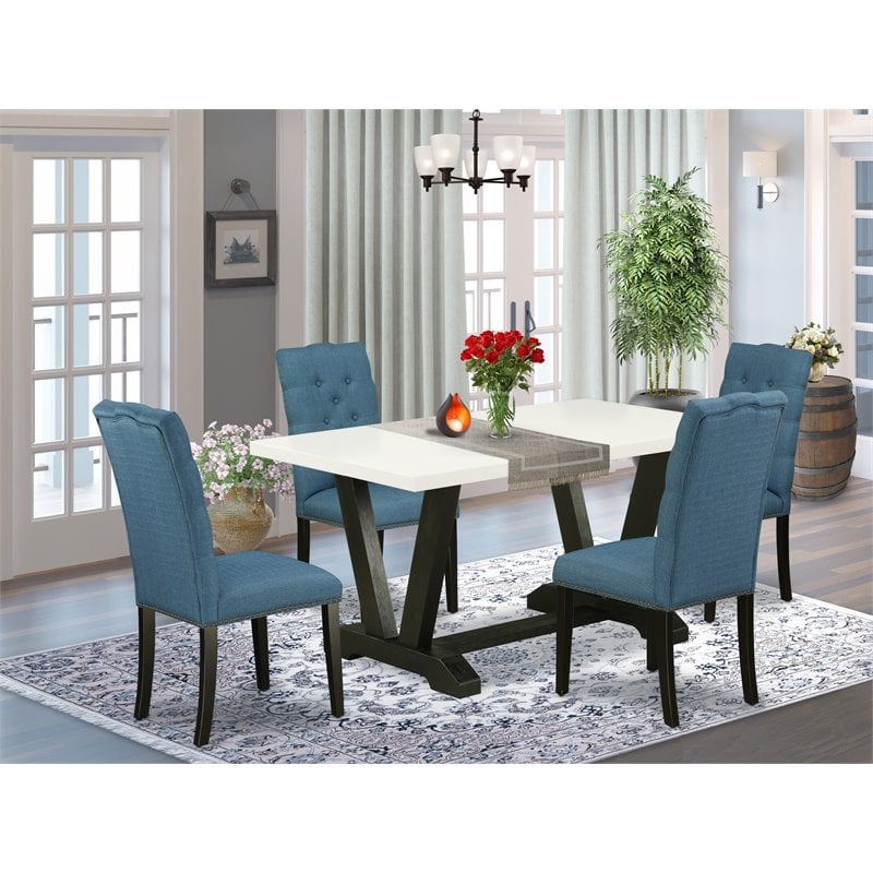 Pemberly Row 5-Piece Wood Dining Set with Black Table & Mineral Blue Chairs