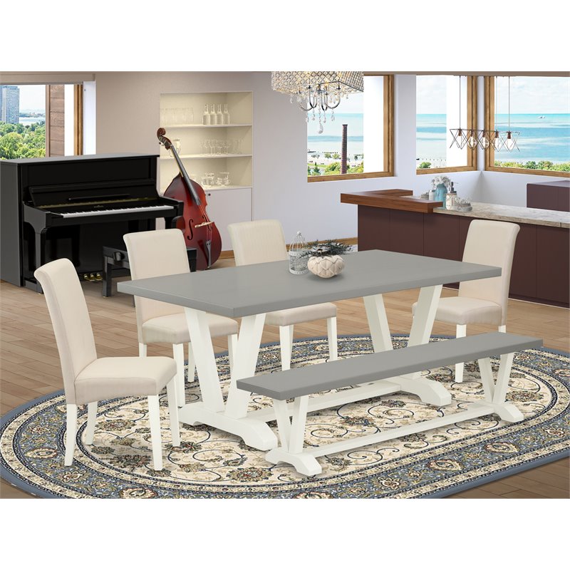 Pemberly Row 6-Piece Wood Dining Set with Bench in White and Cement Finish