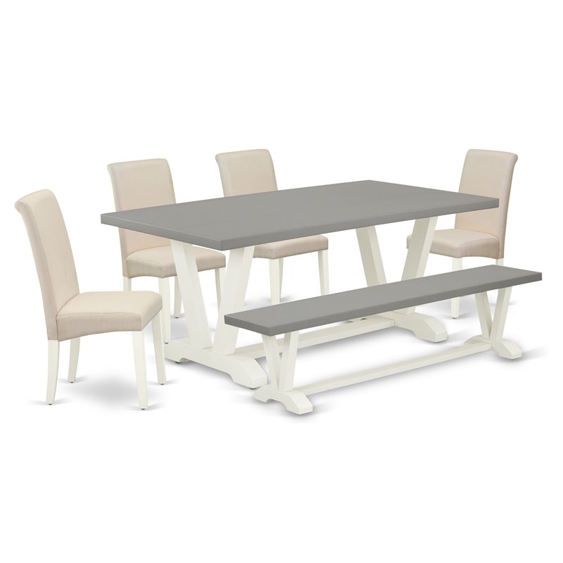 Pemberly Row 6-Piece Wood Dining Set with Bench in White and Cement Finish