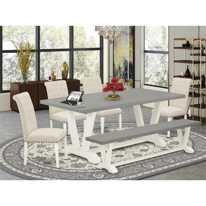 Pemberly Row 6-Piece Wood Dinette Set with Bench in White and Beige