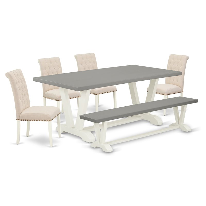 Pemberly Row 6-Piece Wood Dinette Set with Bench in White and Beige