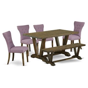 Pemberly Row 6-Piece Dining Set in Distressed Jacobean with Linen Chairs