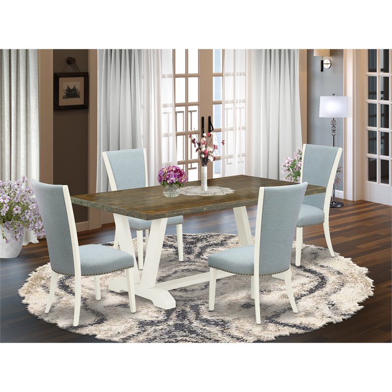 Pemberly Row 5-Piece Wood Dining Set Baby Blue Fabric and Jacobean Top