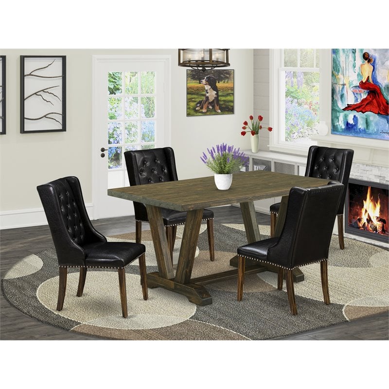 Pemberly Row 5-Piece Dining Set with Button Tufted Leather Seat in Brown/Black