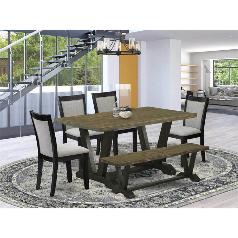 Pemberly Row 6-Piece Wood Dining Set in Jacobean Gray and Black with Bench