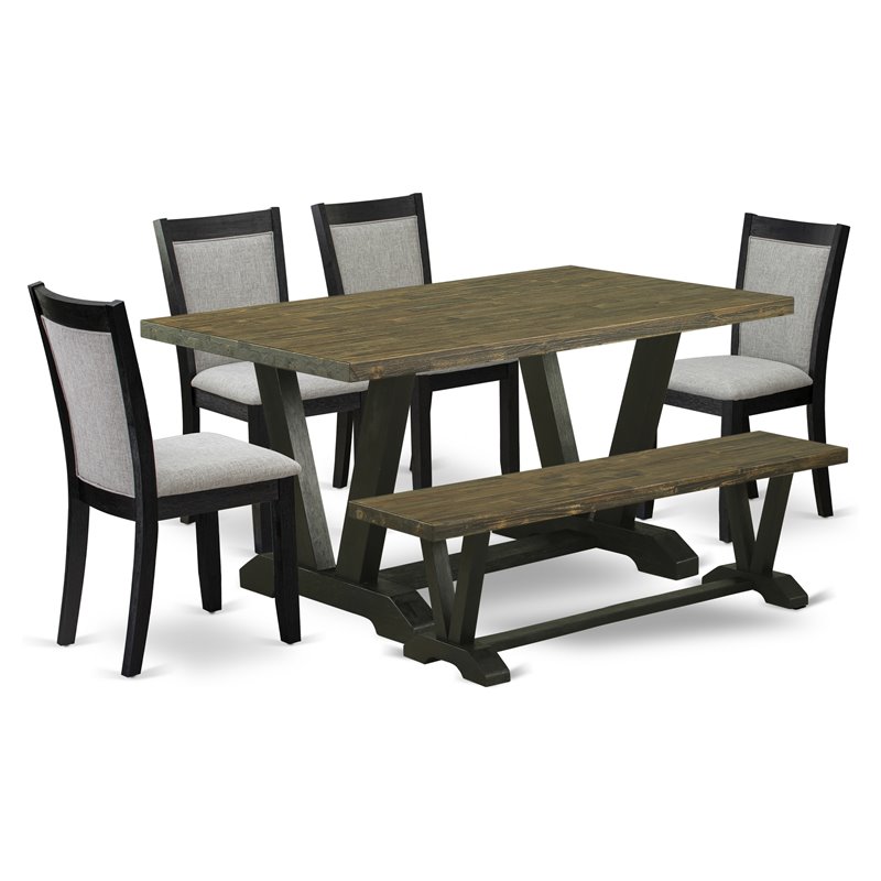 Pemberly Row 6-Piece Wood Dining Set in Jacobean Gray and Black with Bench