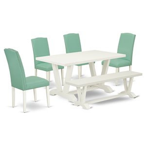 Pemberly Row 6-Piece Dining Set with White Table and Green Bench