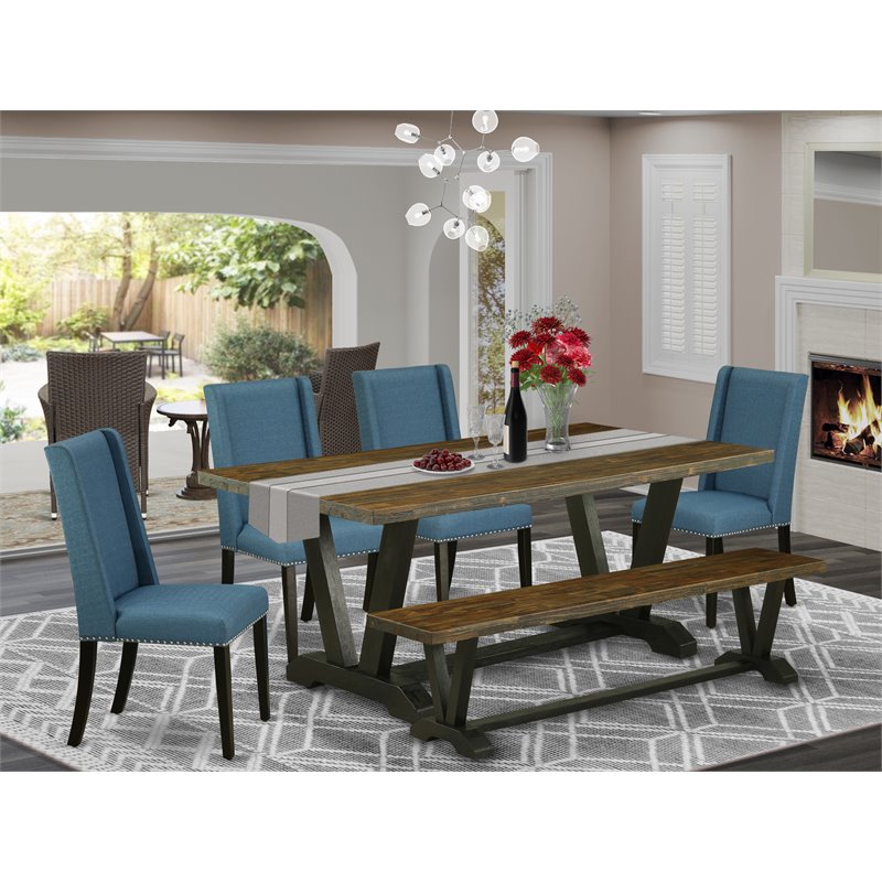 Pemberly Row 6-Piece Wood Dining Set in Mineral Blue and Jacobean Finish