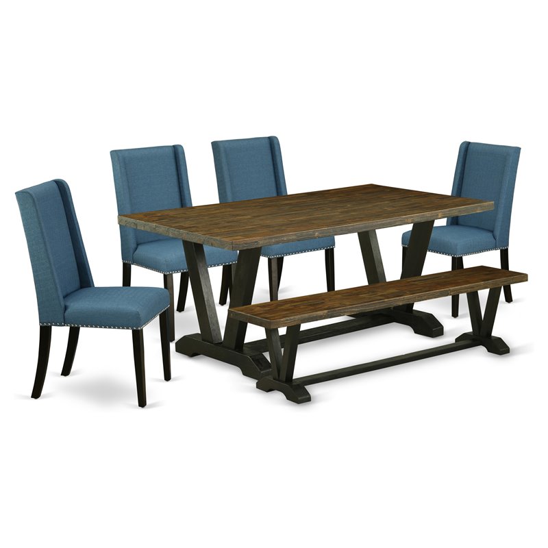 Pemberly Row 6-Piece Wood Dining Set in Mineral Blue and Jacobean Finish