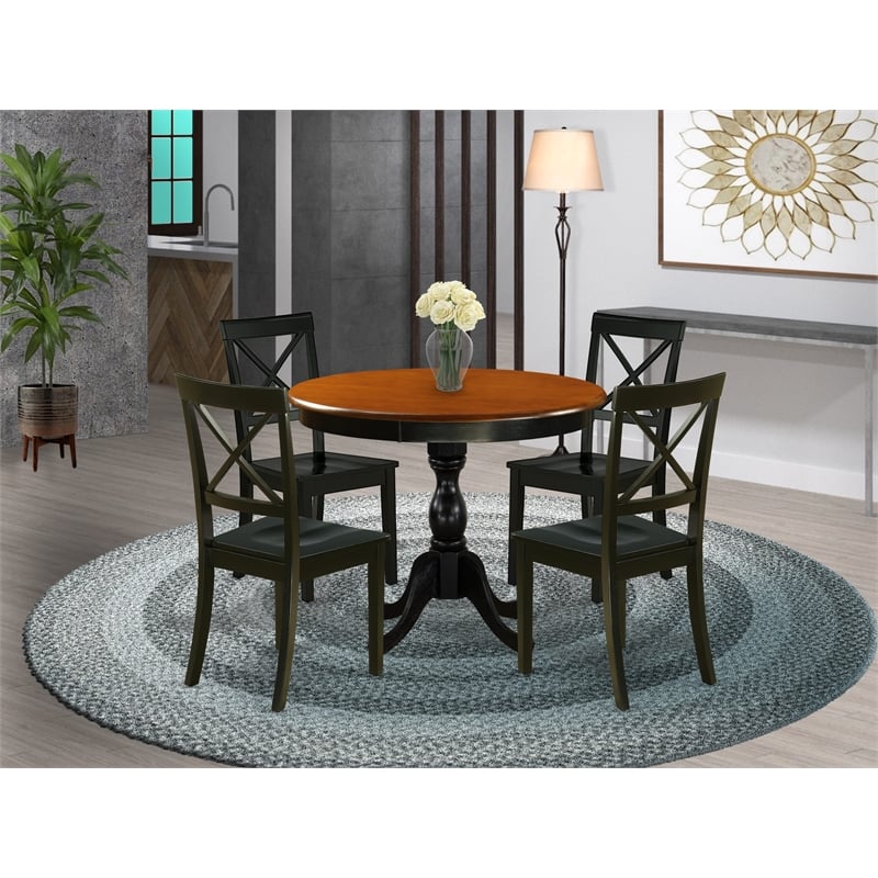 Pemberly Row Round Dining Table with 4 Chairs in Black and Cherry Wood