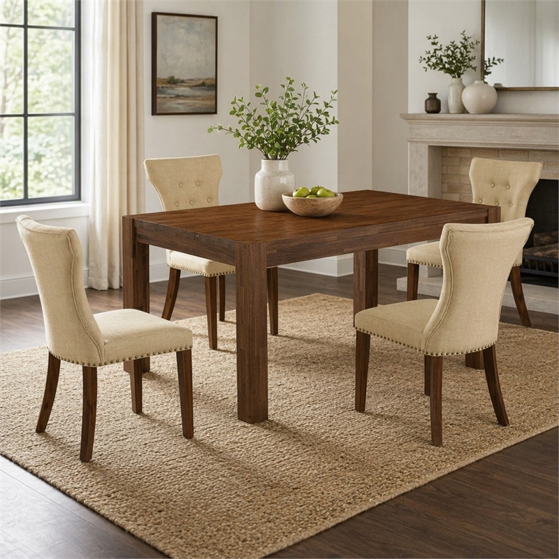 Pemberly Row 5-Piece Wood Dining Set in Antique Walnut and Brown