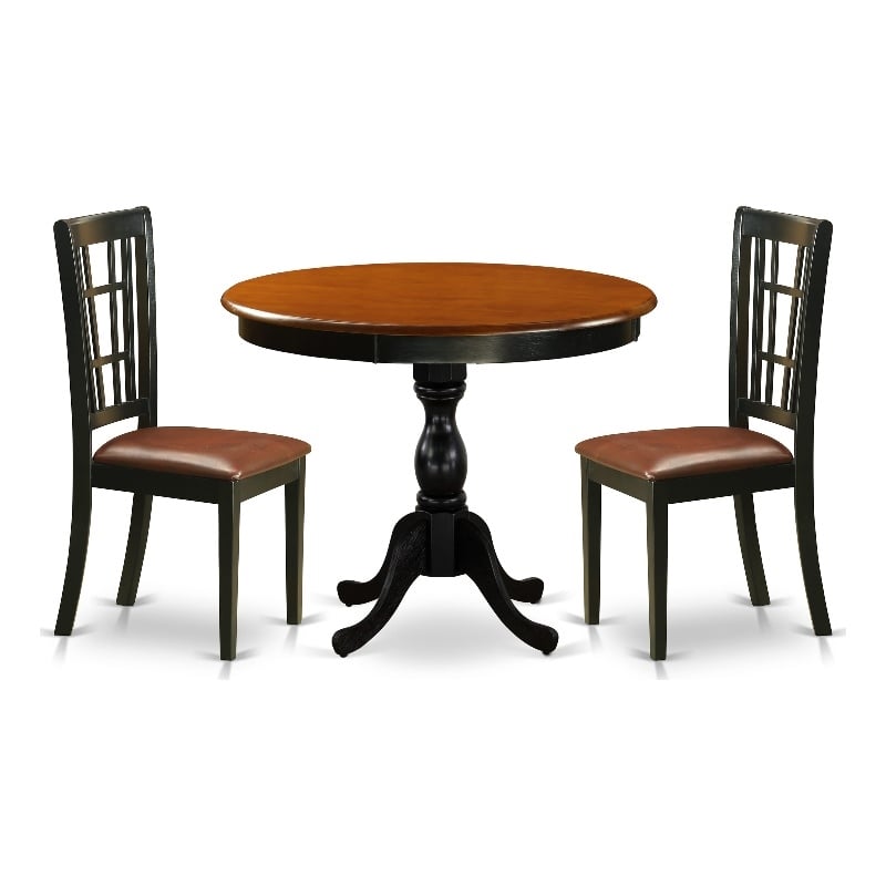 Pemberly Row Round Dining Table and 2 Faux Leather Chairs in Black Finish