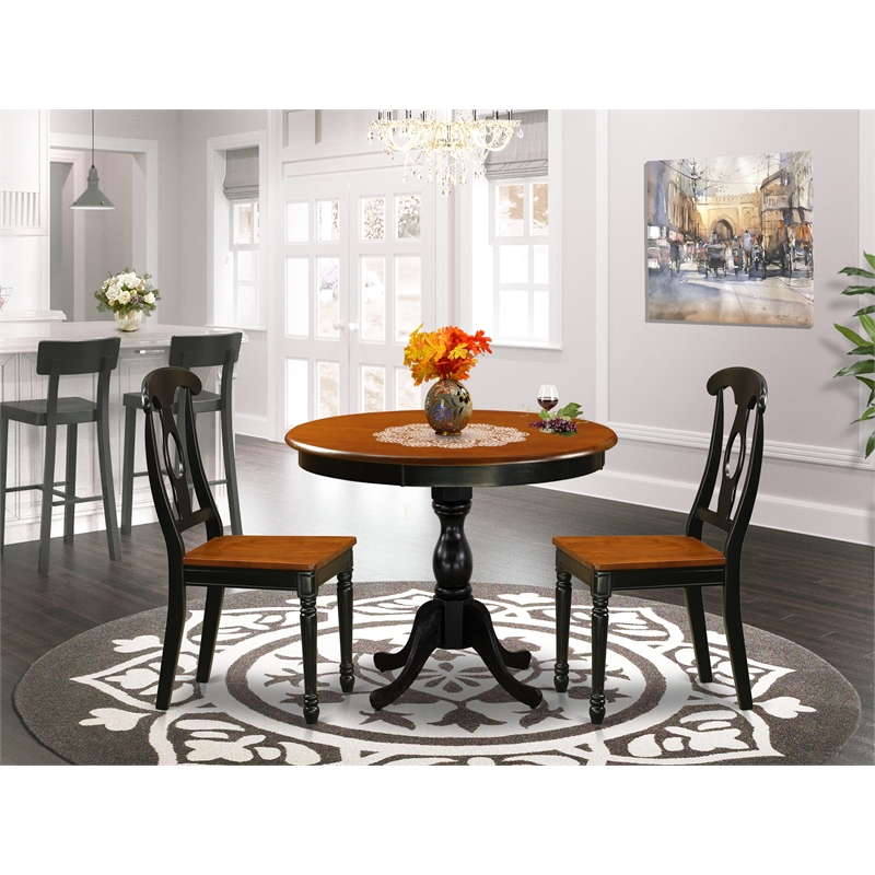 Pemberly Row 3-Piece Cherry and Black Round Dining Set with Wooden Chairs