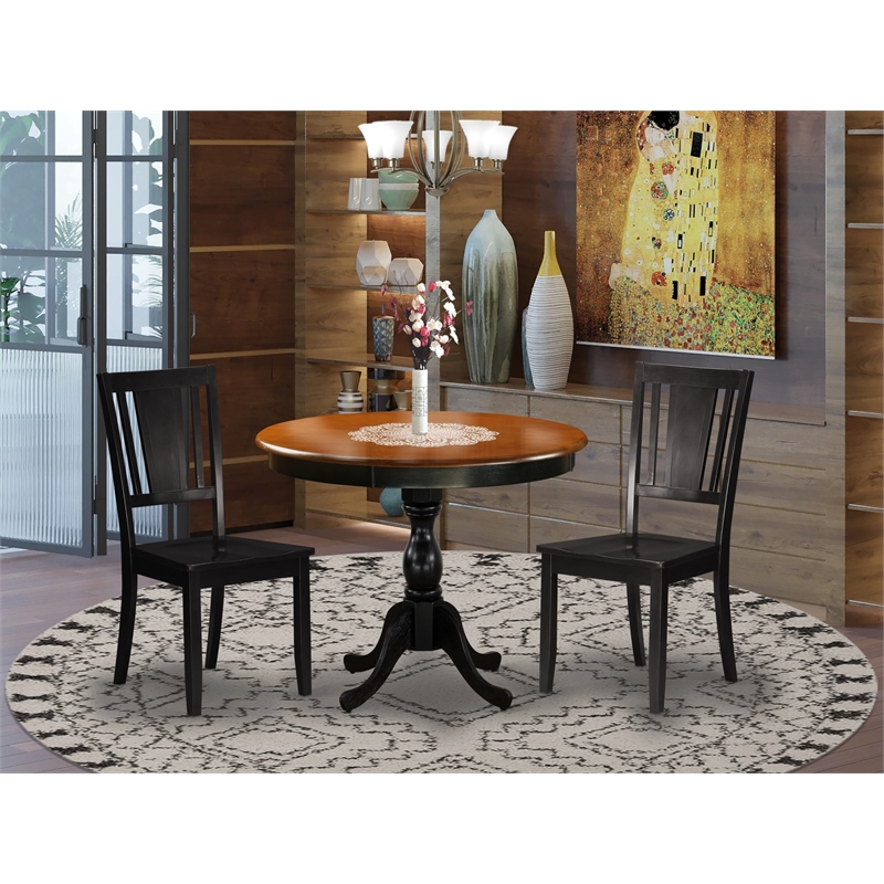 Pemberly Row 3-Piece Wooden Dining Set with Black Seat Chairs in Cherry