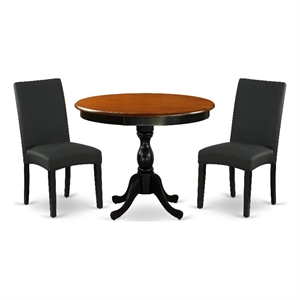Pemberly Row 3-Piece Dining Table and Black Linen Chairs in Cherry Finish