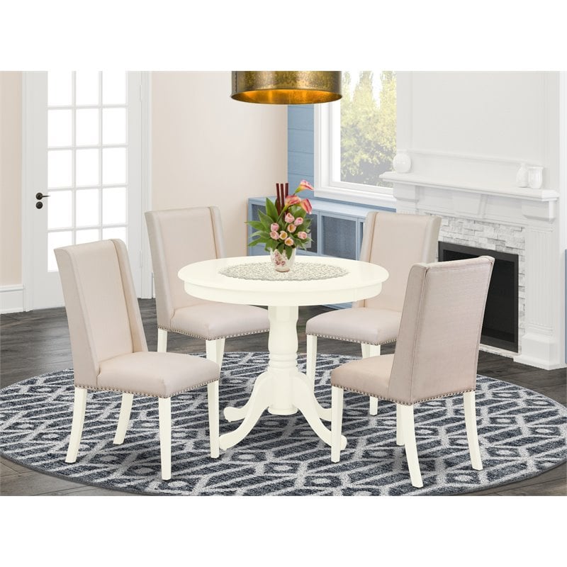 Pemberly Row 5-Piece Wood Dining Set in Linen White with Upholstered Chairs