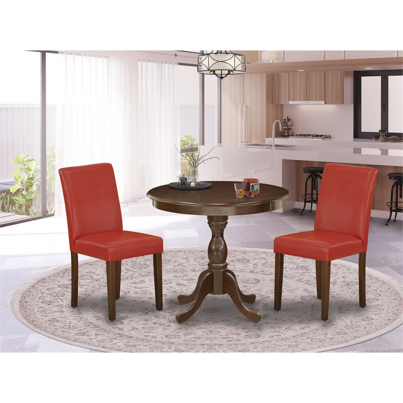 Pemberly Row 3-Piece Wood Dining Set with Red PU Leather Chairs in Mahogany