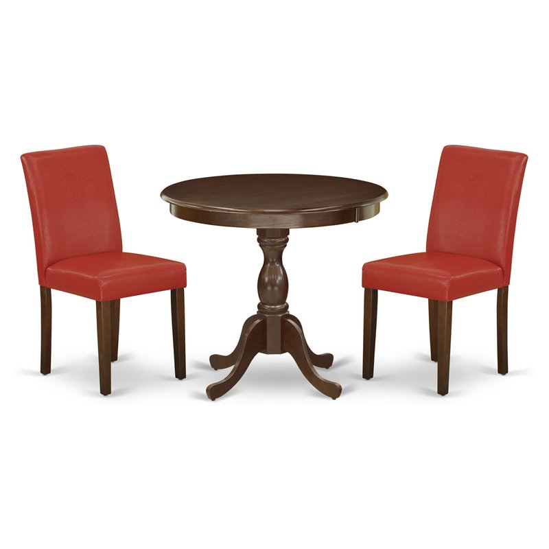 Pemberly Row 3-Piece Wood Dining Set with Red PU Leather Chairs in Mahogany
