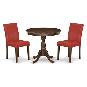 Pemberly Row 3-Piece Wood Dining Set with Red PU Leather Chairs in Mahogany