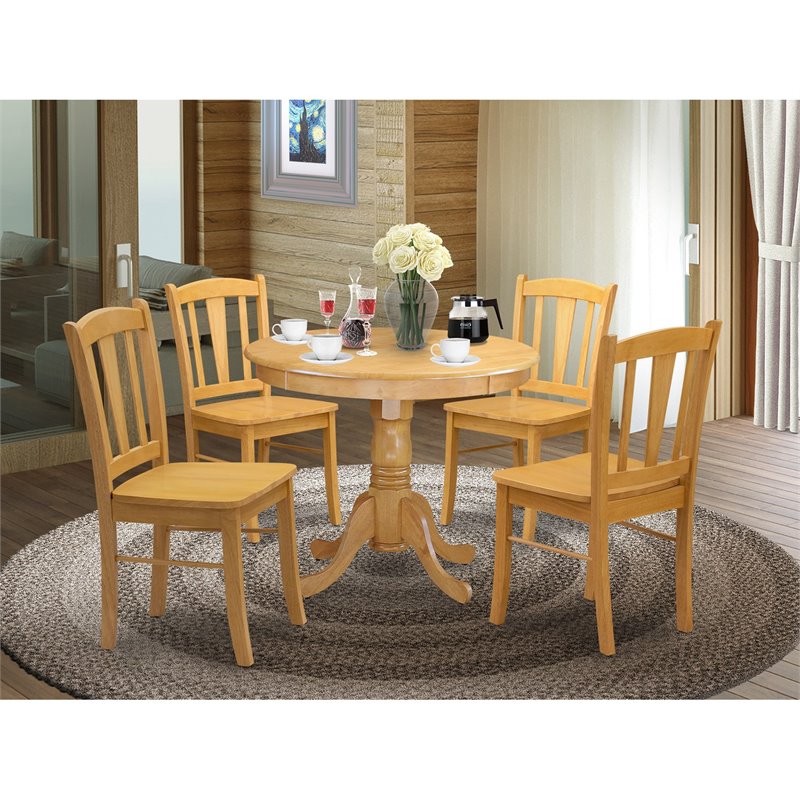 Pemberly Row 5-Piece Wooden Dining Set with Round Pedestal Table in Oak