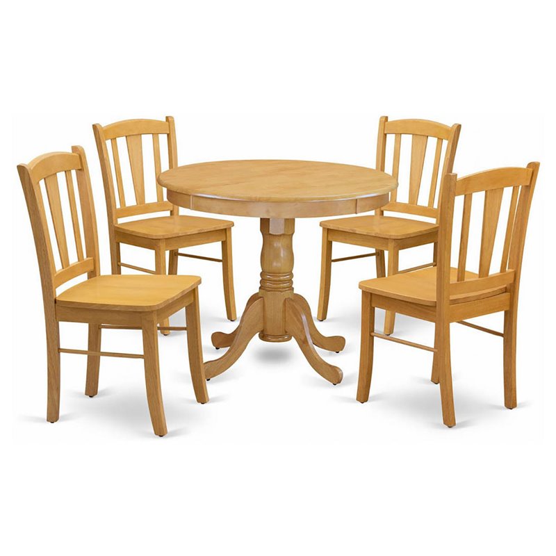 Pemberly Row 5-Piece Wooden Dining Set with Round Pedestal Table in Oak