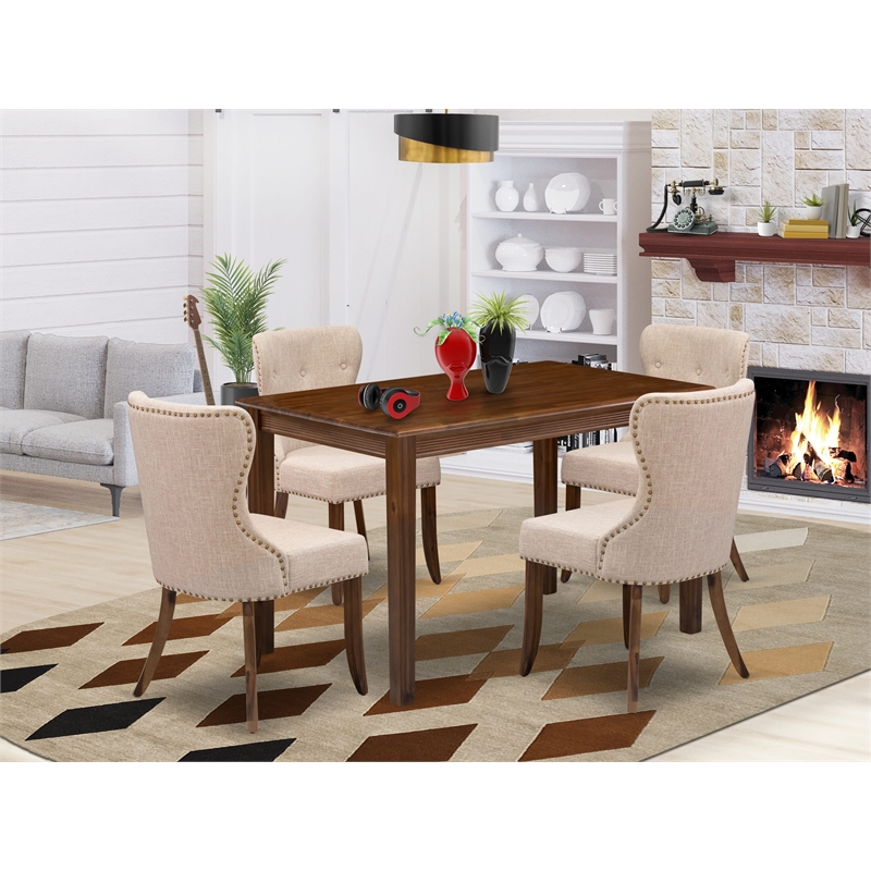 Pemberly Row 5 Piece Dining Table Set in Walnut Finish with Linen Chairs
